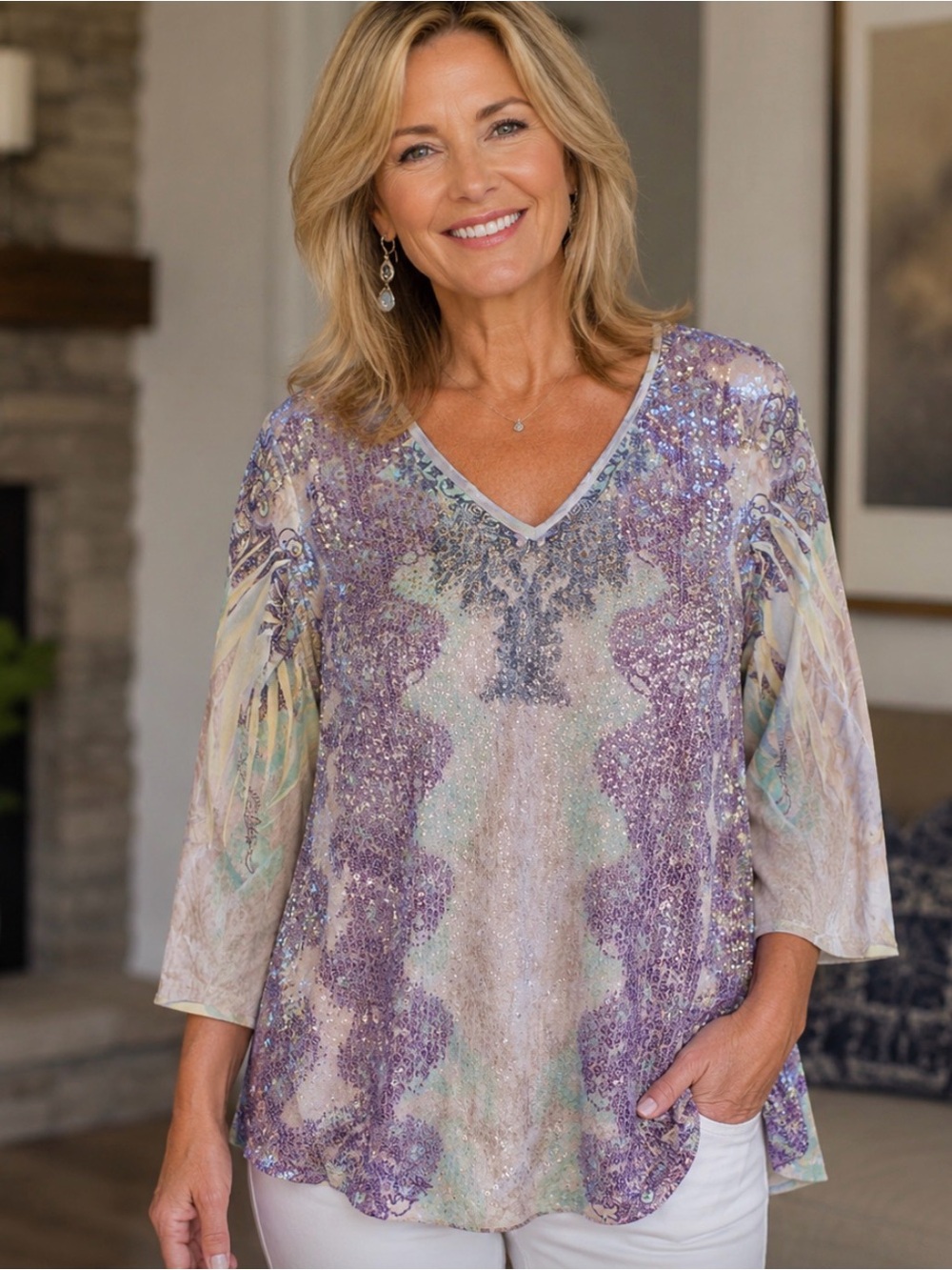 Reba Lavender Sequin V-Neck Blouse